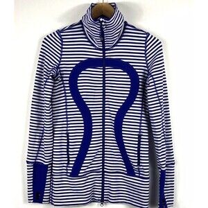 Lululemon In Stride Jacket Womens Size 4 Full Zip Mock Neck White Blue Striped